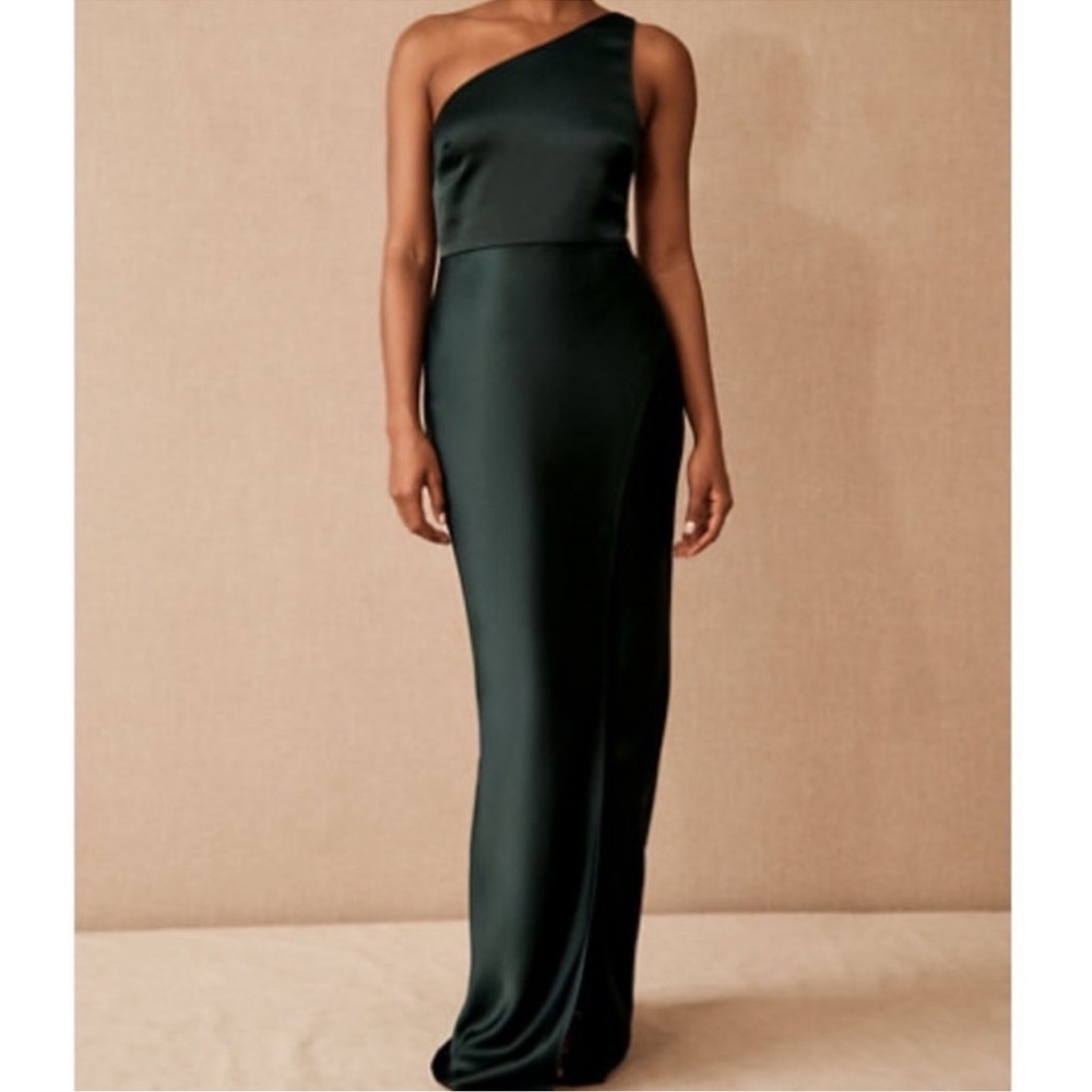 BHLDN One-Shoulder Satin Maxi Dress in Forest Green